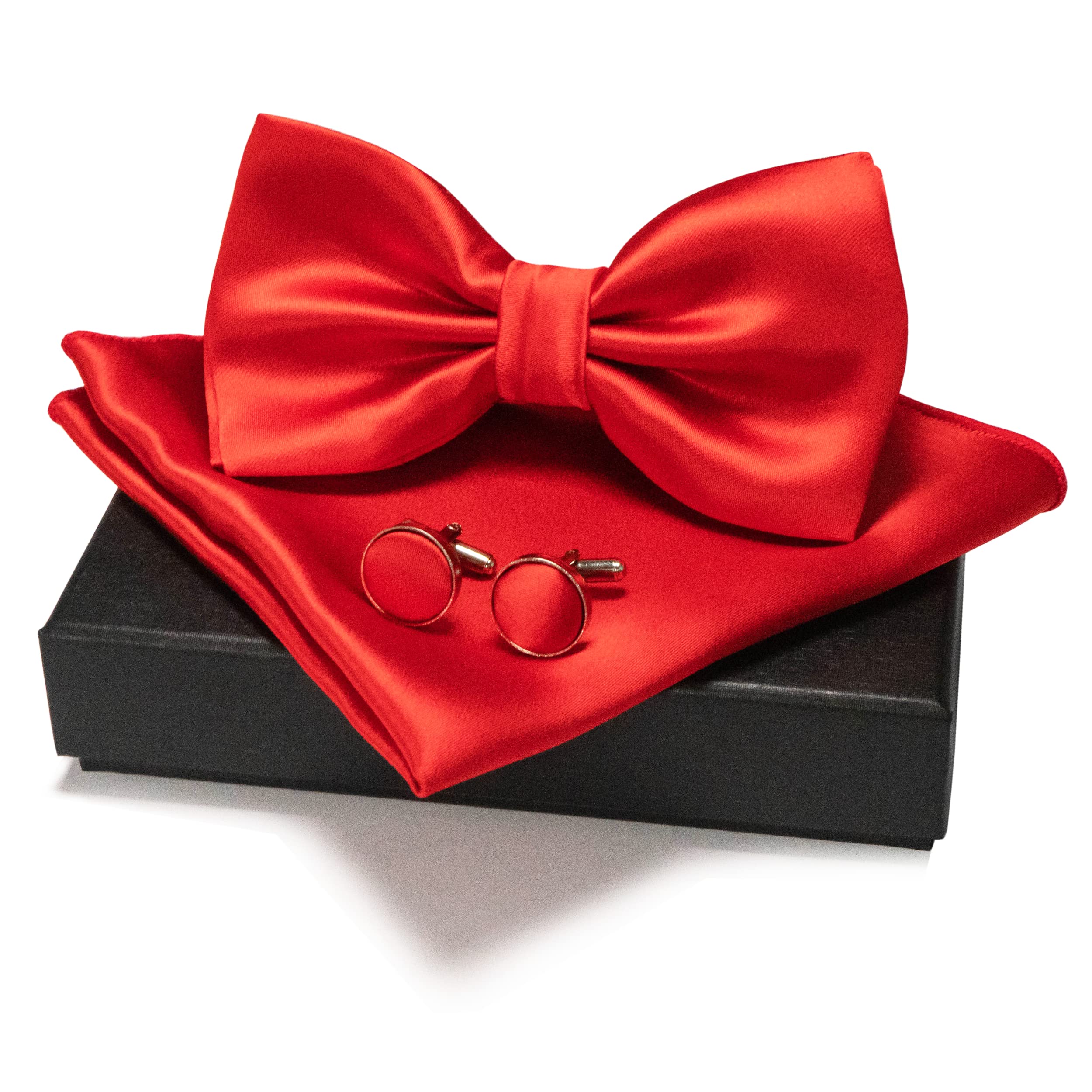 JEMYGINS Red Bow Tie Pre-tied Silk Bowtie and Pocket Square Cufflinks Sets for Men