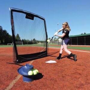 Jugs Toss Machine with 1-Dozen Sting-Free Game-Ball Yellow Dimpled Softballs, Holds up to 10 Softballs, Tosses One Ball Every 5 Seconds, Rechargeable, Runs up to 8 Hours