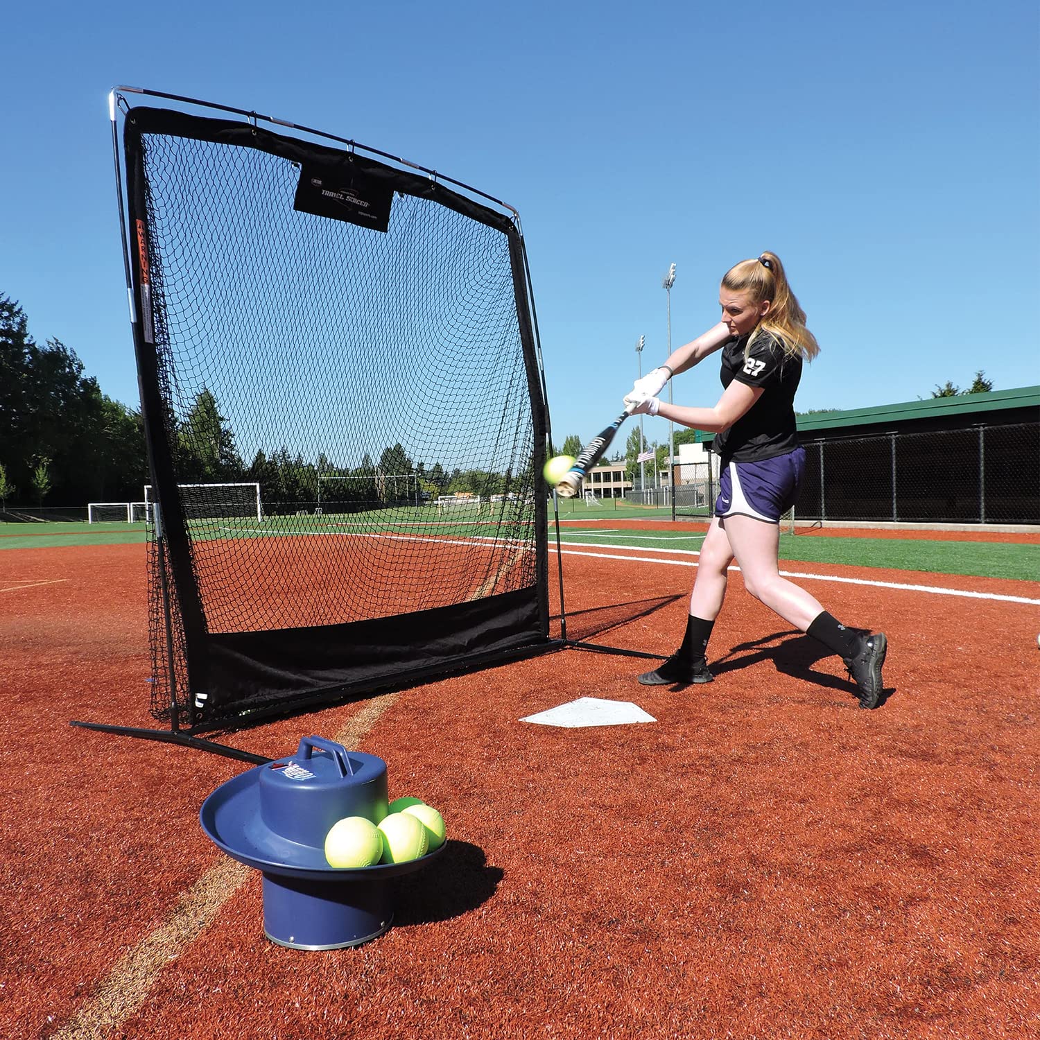 Jugs Toss Machine with 1-Dozen Sting-Free Game-Ball Yellow Dimpled Softballs, Holds up to 10 Softballs, Tosses One Ball Every 5 Seconds, Rechargeable, Runs up to 8 Hours