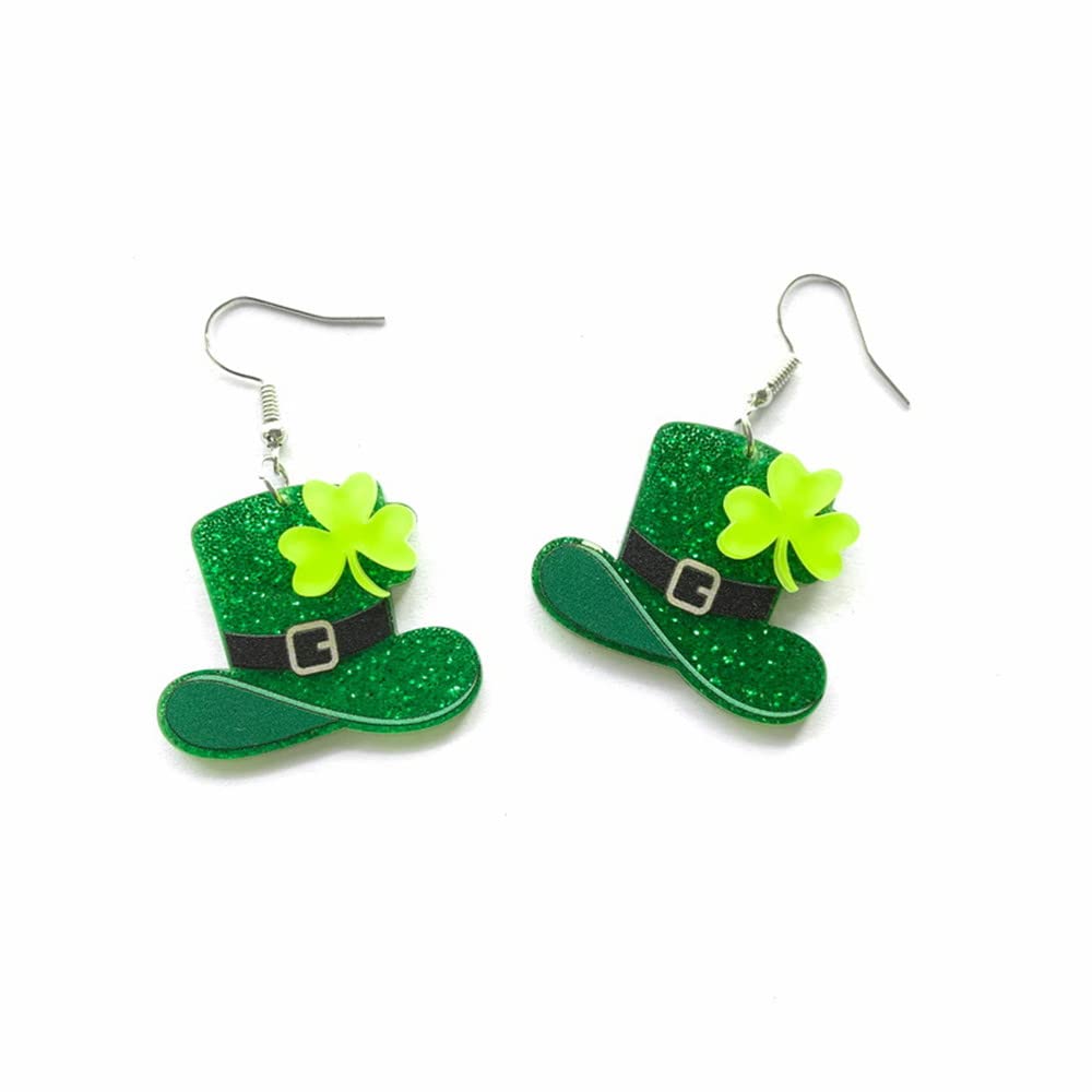 Pingyongchang St Patrick's Day Earrings Green Hat Irish Shamrock Clover Acrylic Dangle Drop Earrings for Women Holiday Jewelry Gift-B