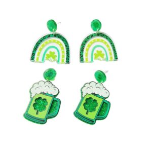 Pingyongchang 2 Pairs St. Patrick's Day Earrings Irish Shamrock Beer Acrylic Dangle Earrings Green Lucky Clover Drop Earrings Funny Irish Holiday Jewelry Gift for Women