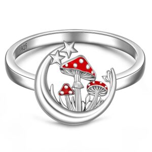 fenthring sterling silver mushroom ring moon red magic mushroom rings for women celestial band mushrooms jewelry size 9