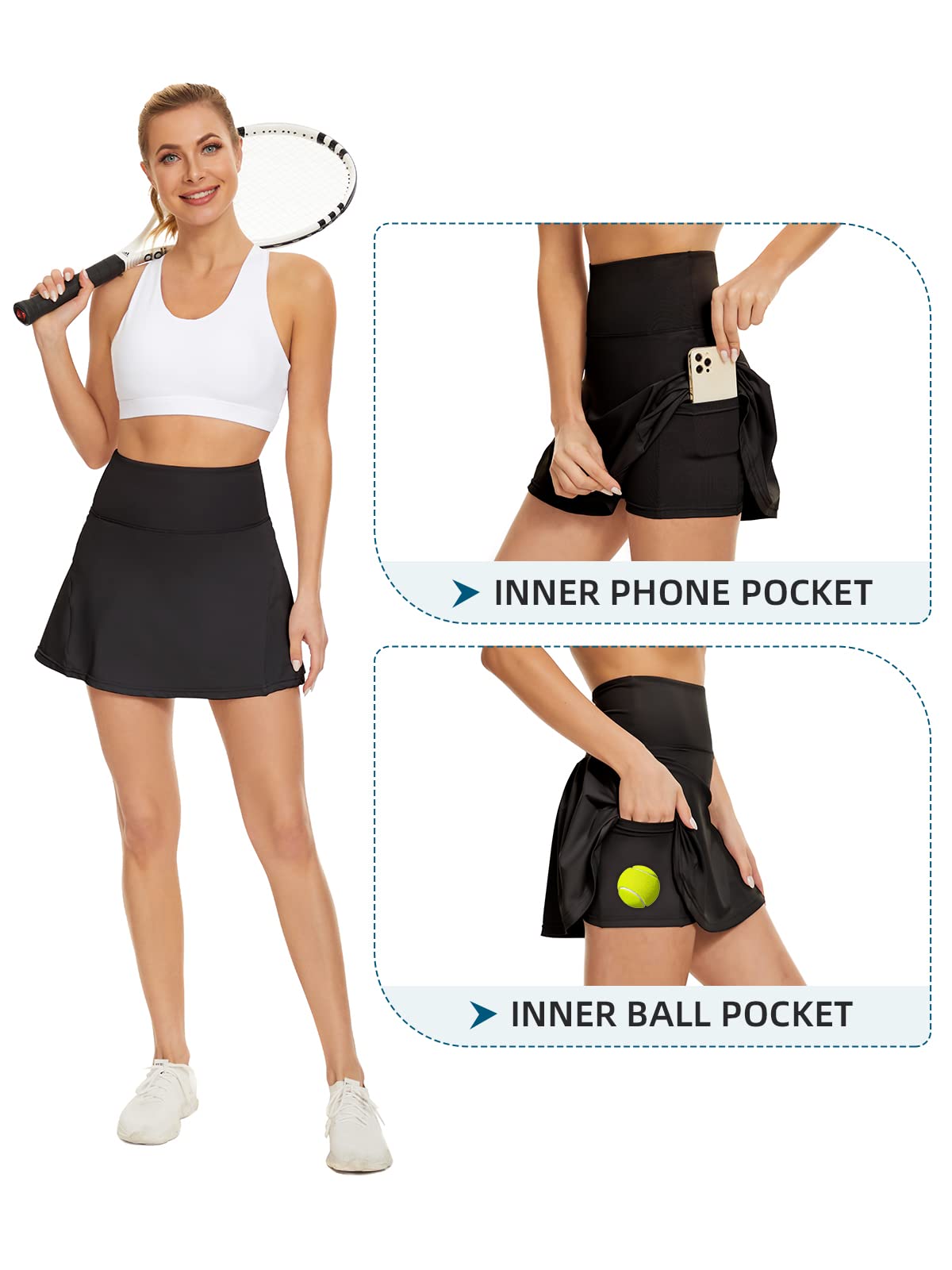 Womens Tennis Skirt High Waist Pleated Skirts for Women Athletic Golf Skirts with Pockets Mini Workout Skirts 01 Black Medium