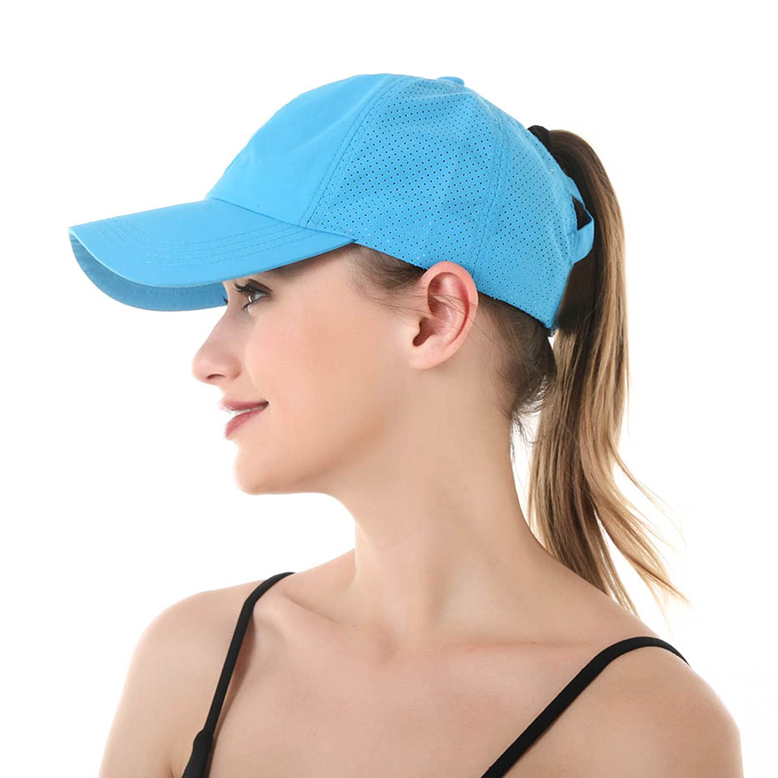 Muryobao 2 Packs Womens Criss Cross Ponytail Baseball Cap Adjustable High Messy Bun Ponycap Quick Drying Mesh Dad Hat for Outdoor Sports Travel Black & Blue