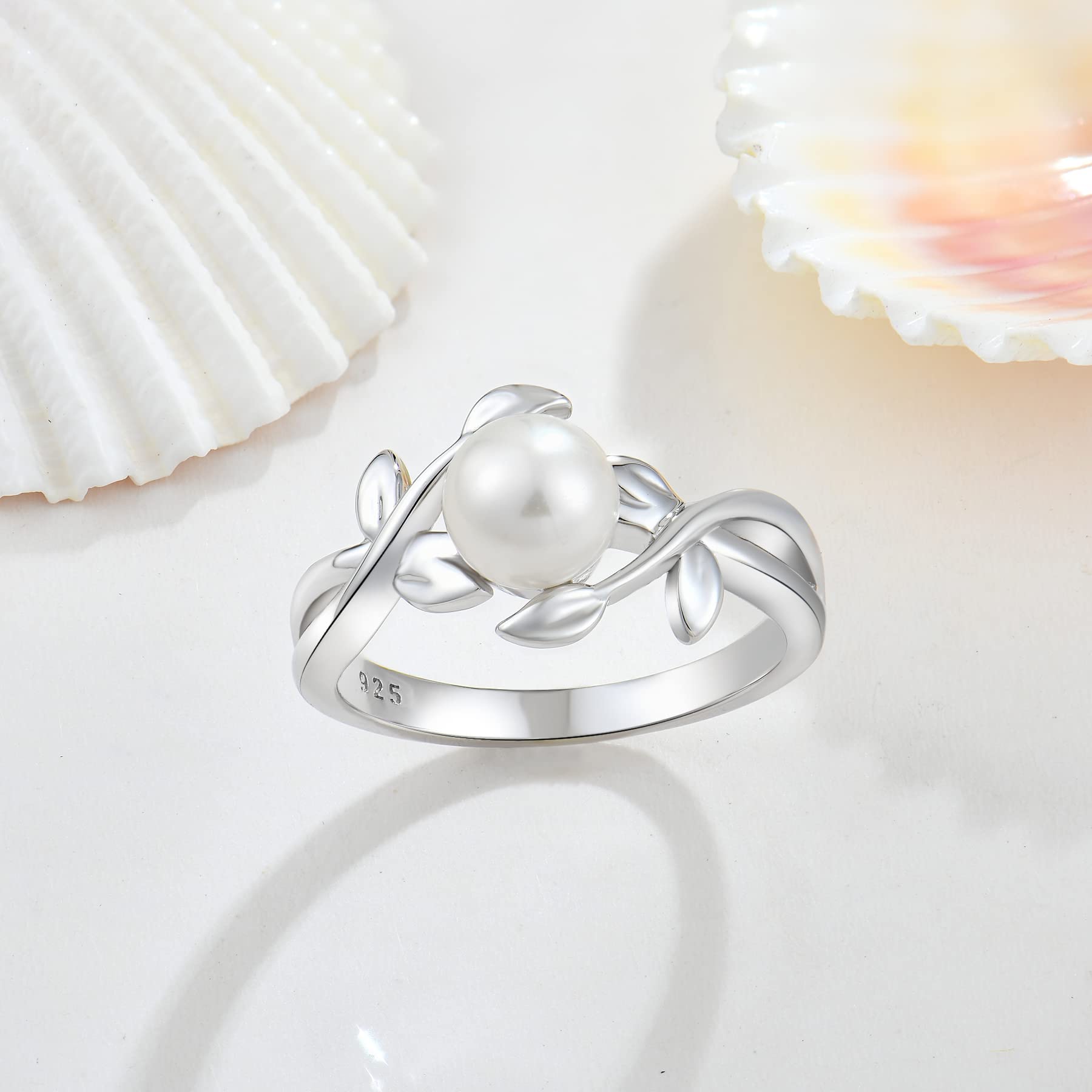 STARCHENIE Pearl Rings with Leaf Infinity Ring for Women Sterling Silver,Twisted Ring size8