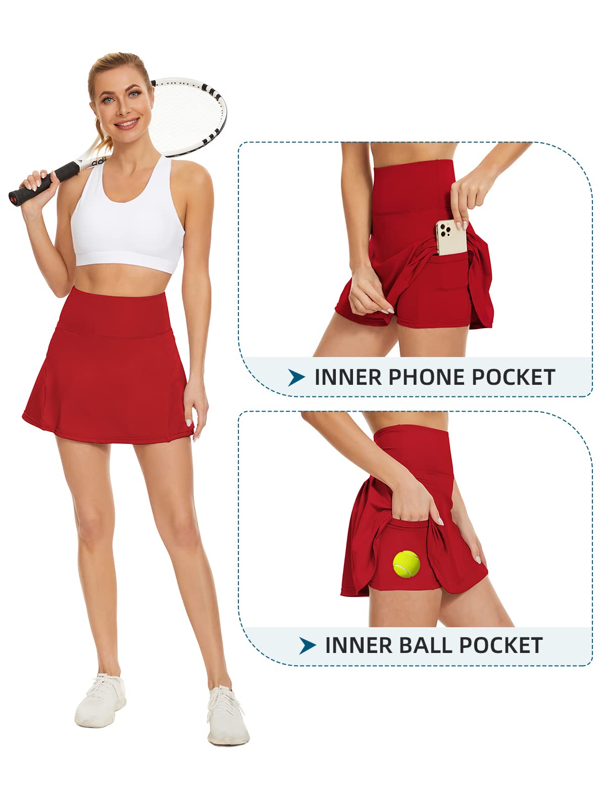 Womens Tennis Skirt High Waist Pleated Skirts for Women Athletic Golf Skirts with Pockets Mini Workout Skirts 03 Red Large