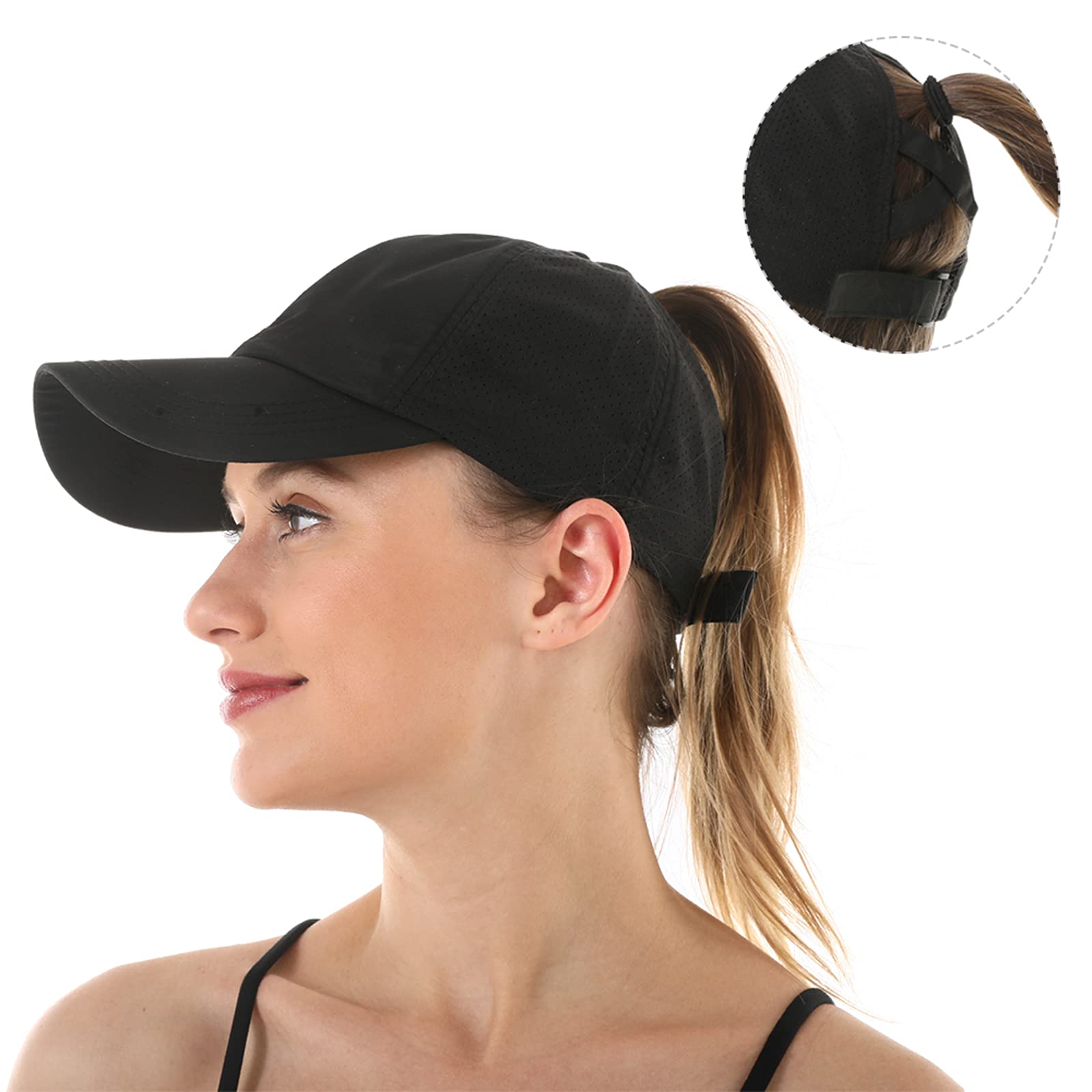 Muryobao 2 Packs Womens Criss Cross Ponytail Baseball Cap Adjustable High Messy Bun Ponycap Quick Drying Mesh Dad Hat for Outdoor Sports Travel Black & Blue