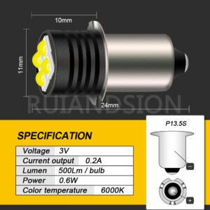 Ruiandsion 2pcs P13.5S LED Flashlight Bulb 3V 3030 4SMD Chips LED Replacement Bulb for 2 Cells C&D Flashlights Torch Work Lights