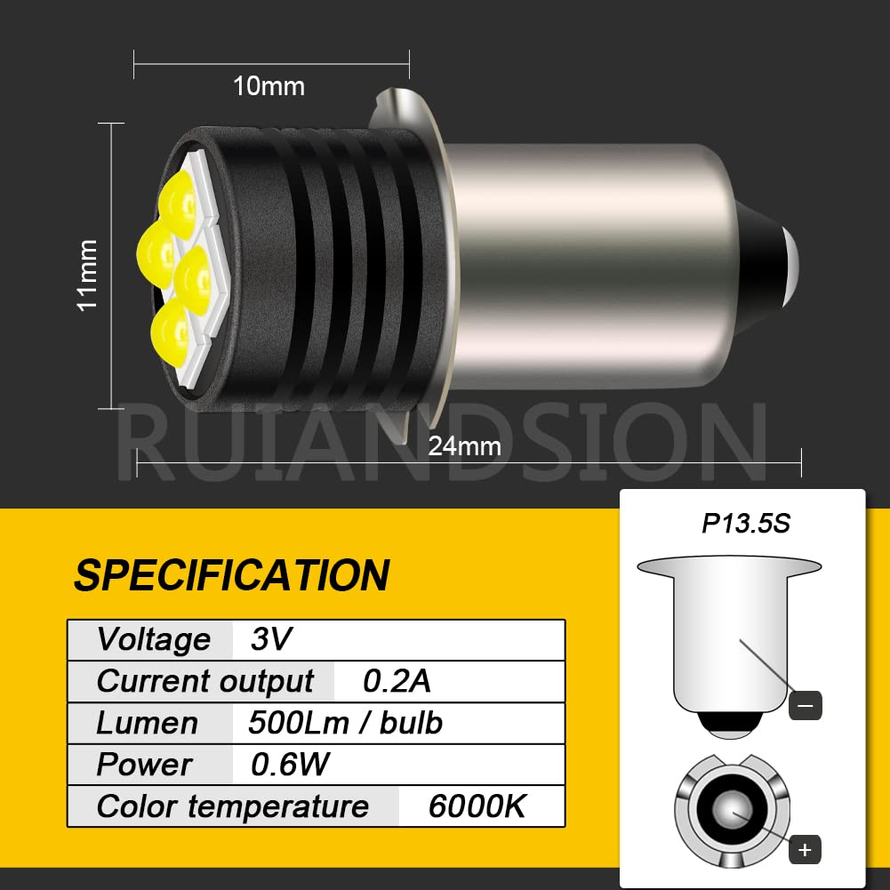 Ruiandsion 2pcs P13.5S LED Flashlight Bulb 3V 3030 4SMD Chips LED Replacement Bulb for 2 Cells C&D Flashlights Torch Work Lights