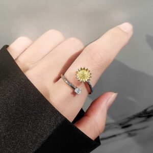 Yellow Sunflower Spinner Fidget Open Ring for Women Girls Crystal Cubic Zirconia Daisy Flower Adjustable Stacking Statement Thin Finger Rings Rotate Anti Worry Anxiety Expandable Band Cute Jewelry