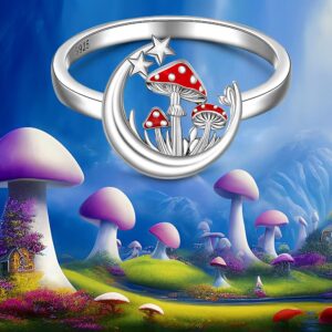 Fenthring Sterling Silver Mushroom Ring Moon Red Magic Mushroom Rings for Women Celestial Band Mushrooms Jewelry Size 9