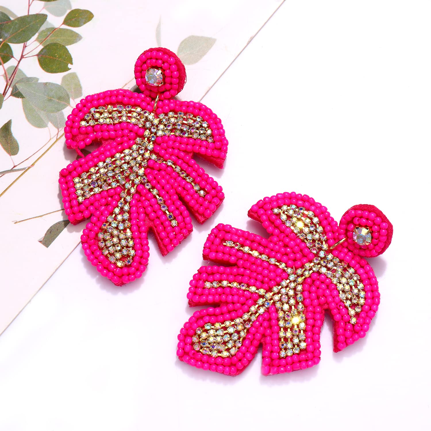 CXCraft Beaded Drop Earrings for Women Statement Rhinestone Palm Leaf Beaded Dangle Earrings Handmade Crystal Tropical Plant Monstera Earrings for Girls Sister Boho Holiday Jewelry, Rose Red