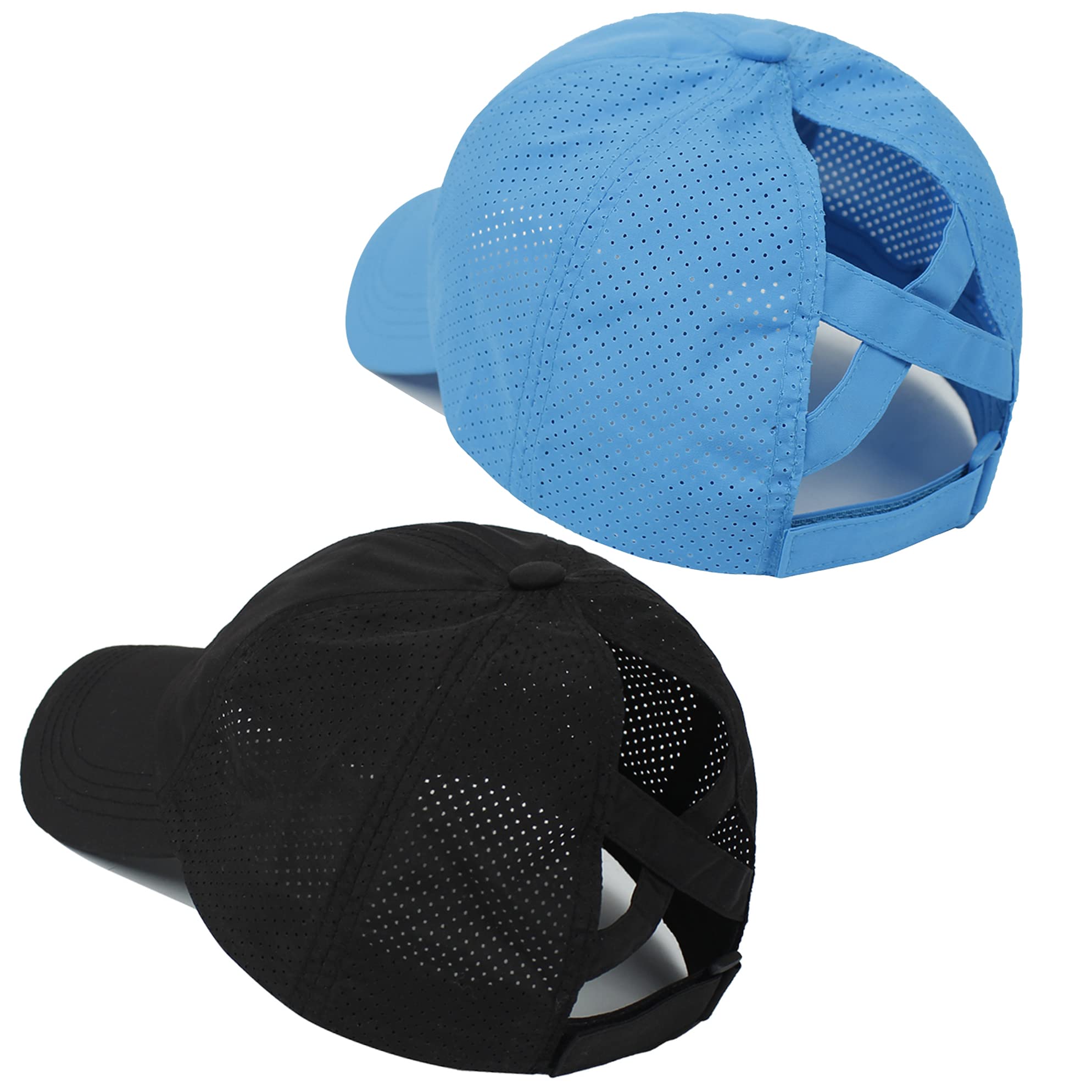 Muryobao 2 Packs Womens Criss Cross Ponytail Baseball Cap Adjustable High Messy Bun Ponycap Quick Drying Mesh Dad Hat for Outdoor Sports Travel Black & Blue