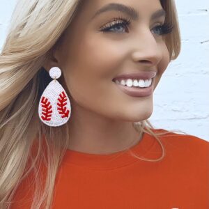 NLCAC Beaded Baseball Teardrop Earrings Handmade Statement Beaded Drop Dangle Earrings Sports Earrings Holiday Party Game Jewelry for Women White