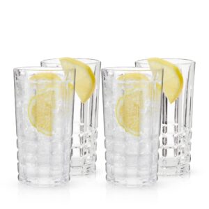 Viski Highland Highball Drinking Glasses Set of 4 - Premium Crystal Square Cut Tall Cocktail Glassware Gift Set, 12 oz