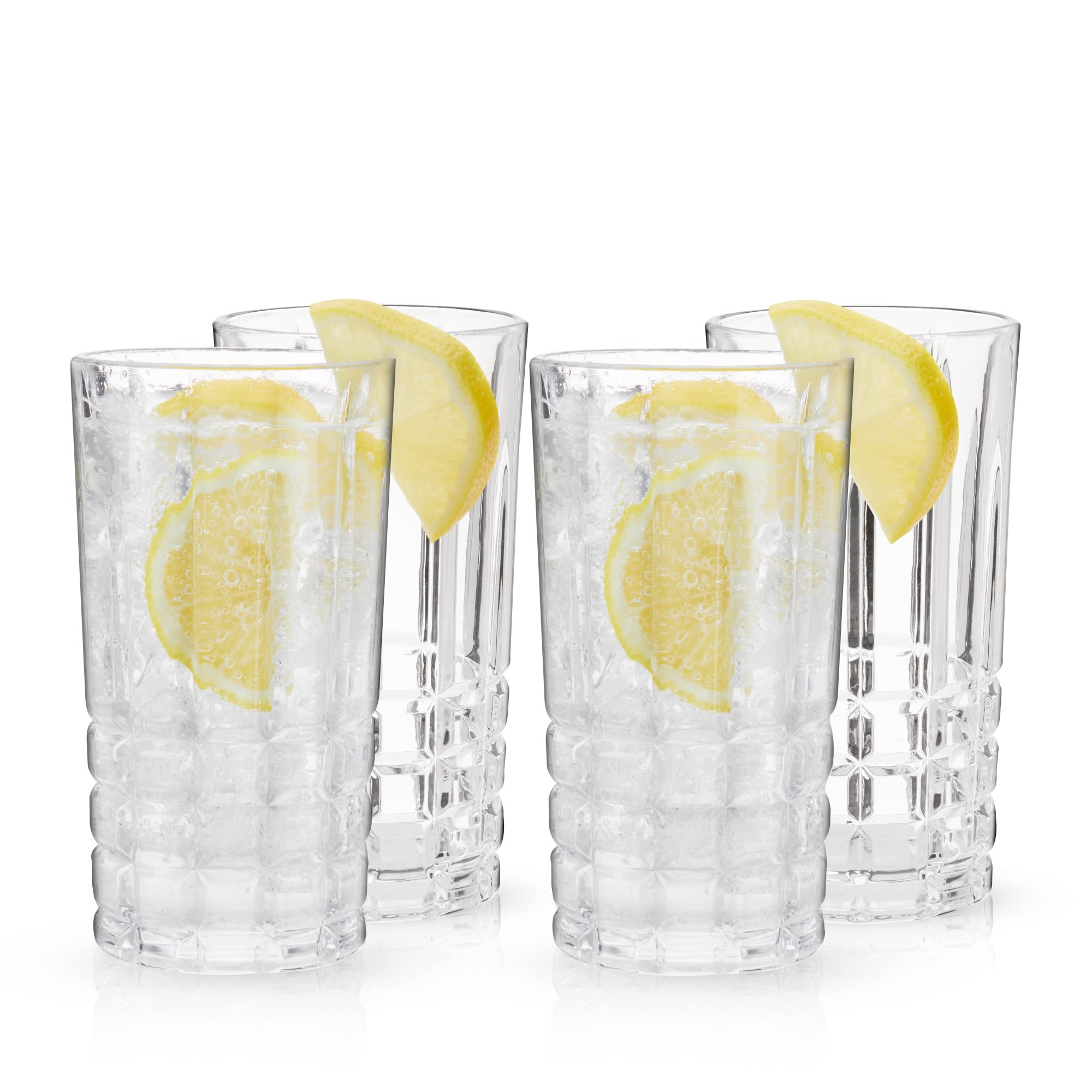 Viski Highland Highball Drinking Glasses Set of 4 - Premium Crystal Square Cut Tall Cocktail Glassware Gift Set, 12 oz