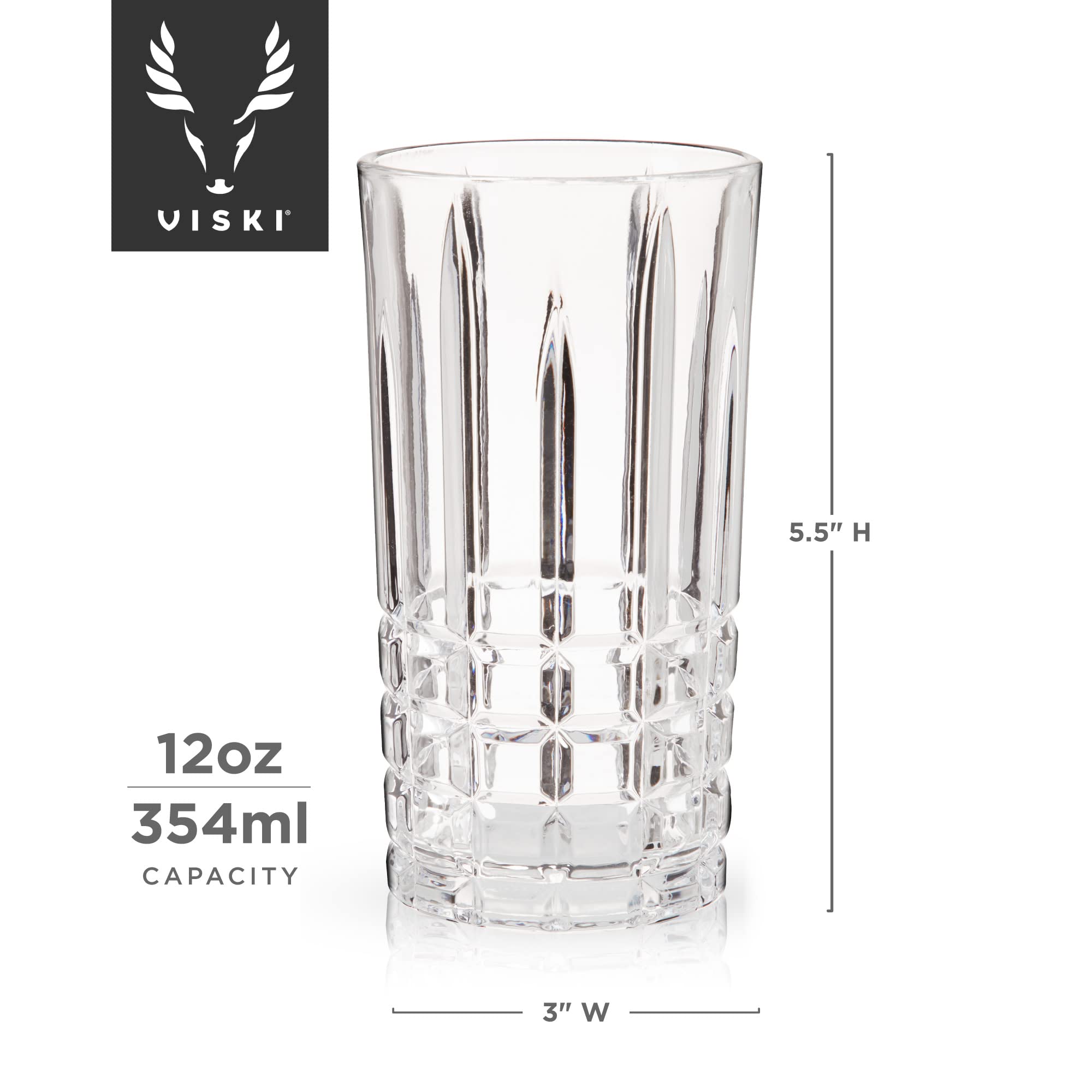 Viski Highland Highball Drinking Glasses Set of 4 - Premium Crystal Square Cut Tall Cocktail Glassware Gift Set, 12 oz