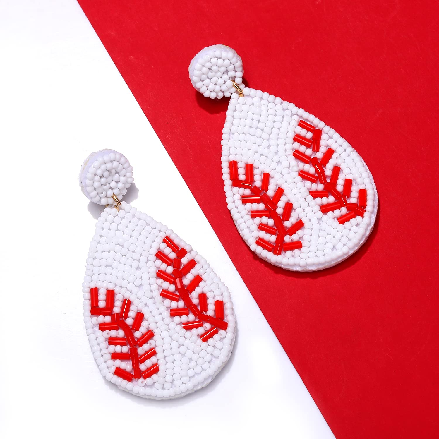 NLCAC Beaded Baseball Teardrop Earrings Handmade Statement Beaded Drop Dangle Earrings Sports Earrings Holiday Party Game Jewelry for Women White