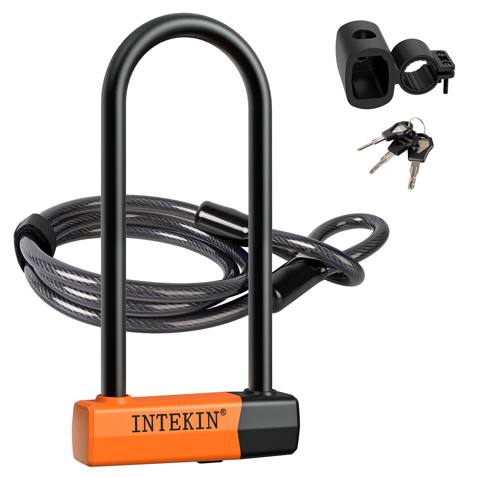 INTEKIN Bike Lock Bike U Lock U Lock for Bicycle 16mm U Lock Bicycle U Lock and 4FT/5FT Length Security Cable with Sturdy Mounting Bracket for Bicycles, Bikes and More, Large, Orange