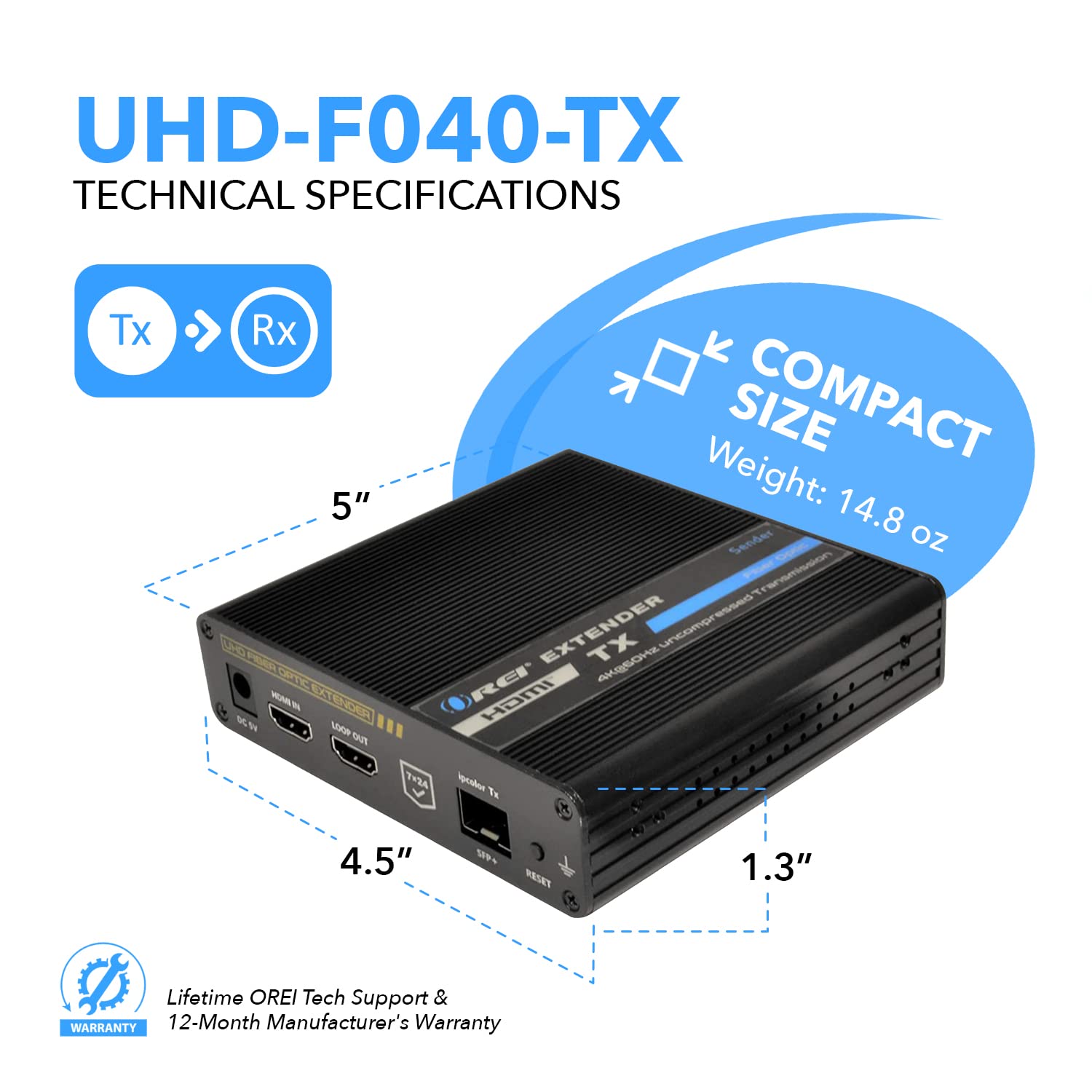 OREI 4K HDMI Extender Balun, Transmitter Only Over Fiber Optic Cable UltraHD 4K @ 60Hz 4:4:4 DR, CEC, ARC & IR Support, RS-232 SFP+ LR - Up to 40 KM - ARC Audio Out One to Many Optical Audio Out