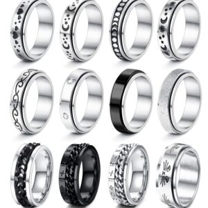 VALDEAS 12Pcs Stainless Steel Fidget Band Rings Anxiety Rings Size 6