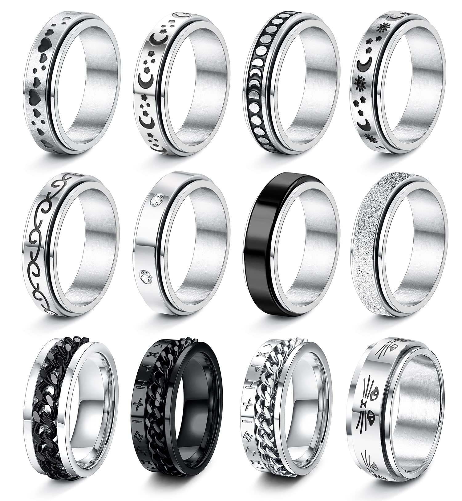 VALDEAS 12Pcs Stainless Steel Fidget Band Rings Anxiety Rings Size 6