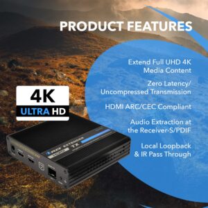 OREI 4K HDMI Extender Balun, Transmitter Only Over Fiber Optic Cable UltraHD 4K @ 60Hz 4:4:4 DR, CEC, ARC & IR Support, RS-232 SFP+ LR - Up to 40 KM - ARC Audio Out One to Many Optical Audio Out