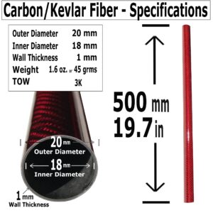 KARBXON - RED - CARBON FIBER TUBE - 20mm X 500mm – (.79 in x 19.7 in) – Hollow rod glossy pure carbon fibre tubes – Super Lightweight High Strength Shaft - for RC planes-drones, boat DIY craft project