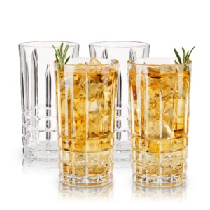 viski highland highball drinking glasses set of 4 - premium crystal square cut tall cocktail glassware gift set, 12 oz