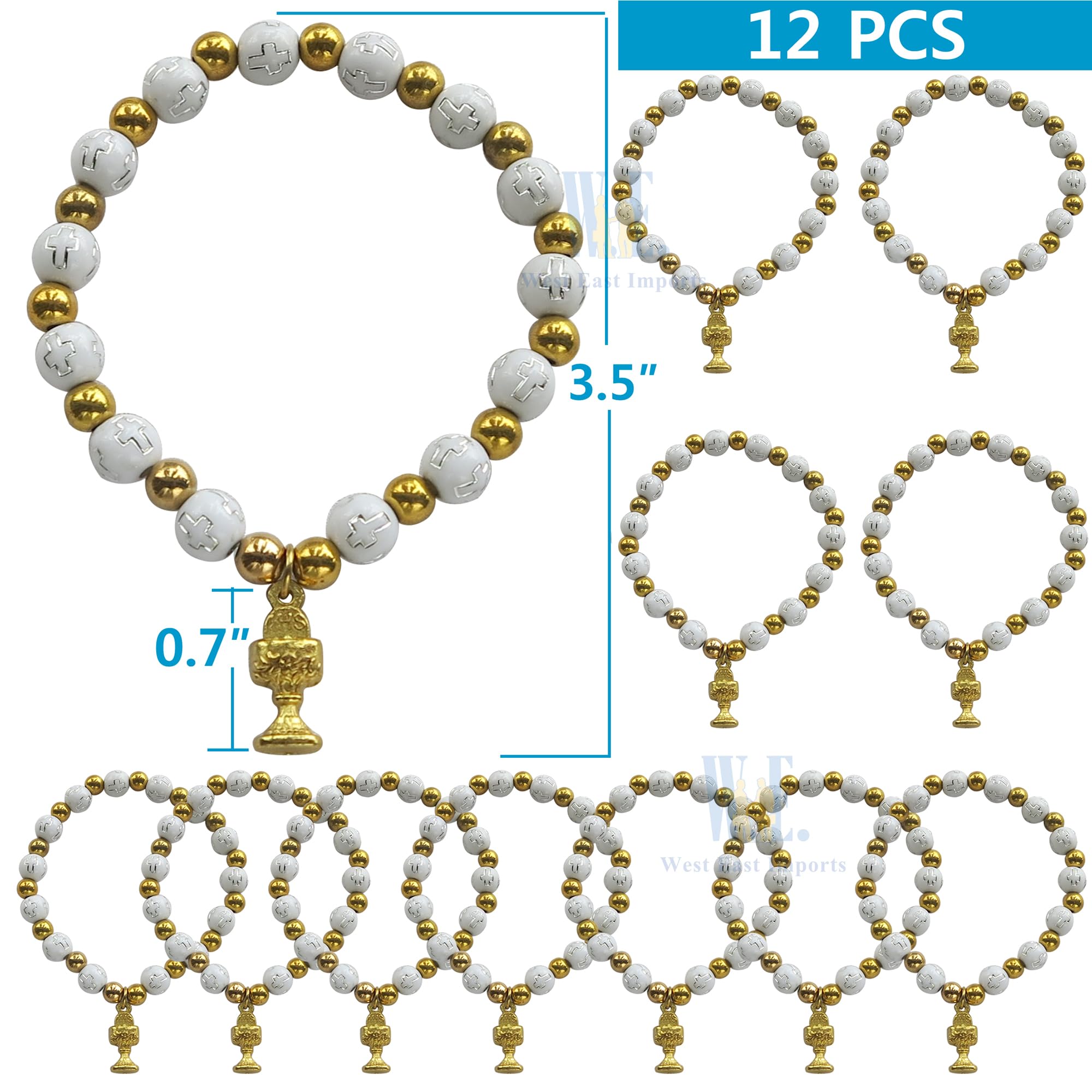 12 PCS First Communion Stretch Pearl Bracelet with Gold Metal Chalice and Cross Charms/Recuerdos para Primera Comunion