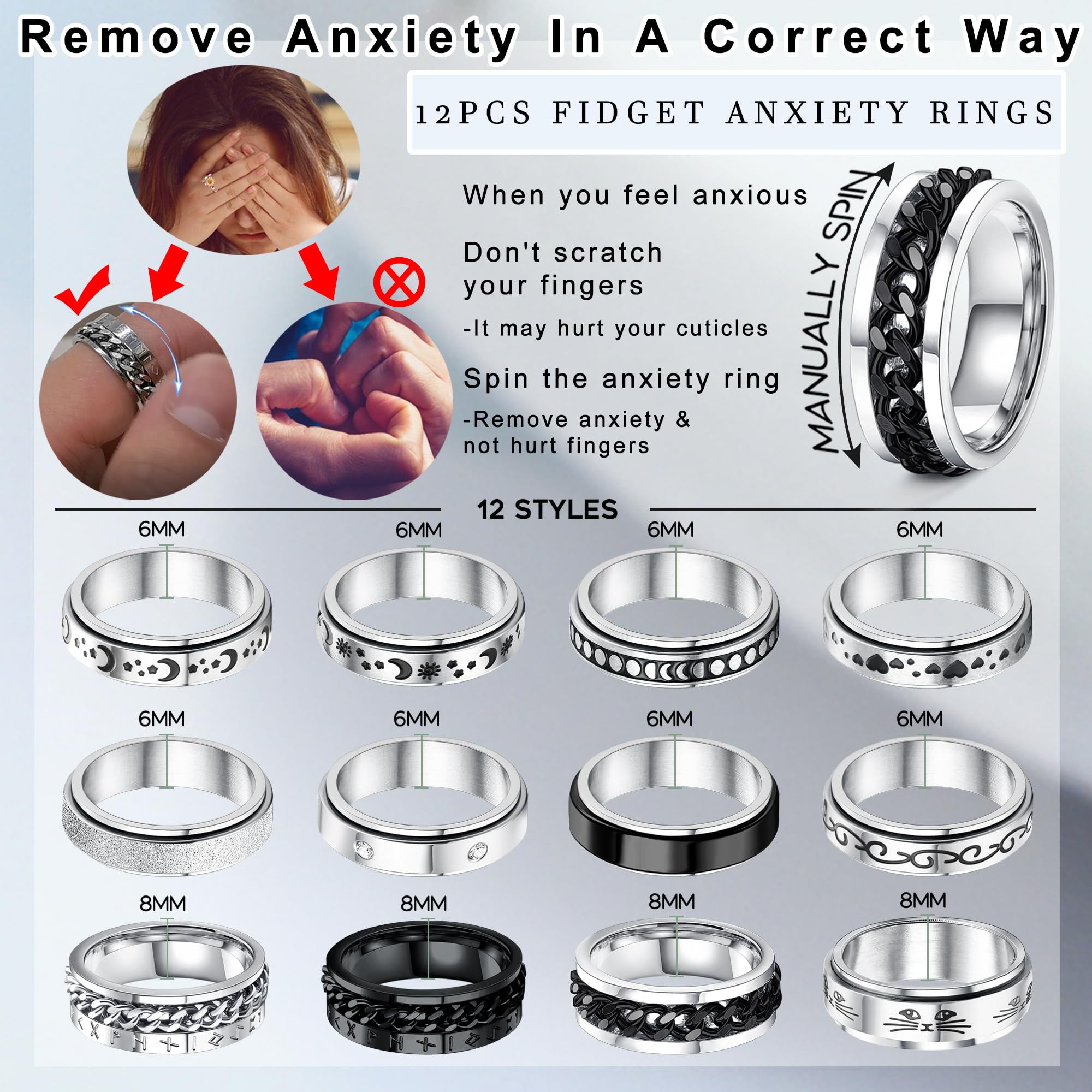 VALDEAS 12Pcs Stainless Steel Fidget Band Rings Anxiety Rings Size 6