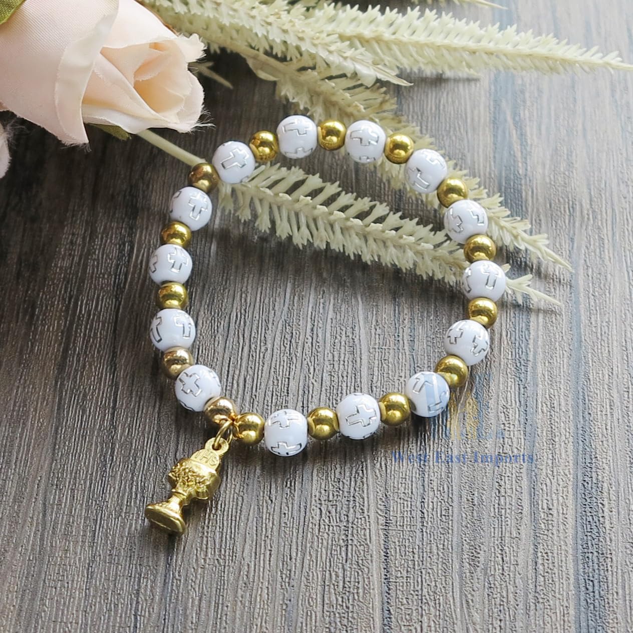 12 PCS First Communion Stretch Pearl Bracelet with Gold Metal Chalice and Cross Charms/Recuerdos para Primera Comunion