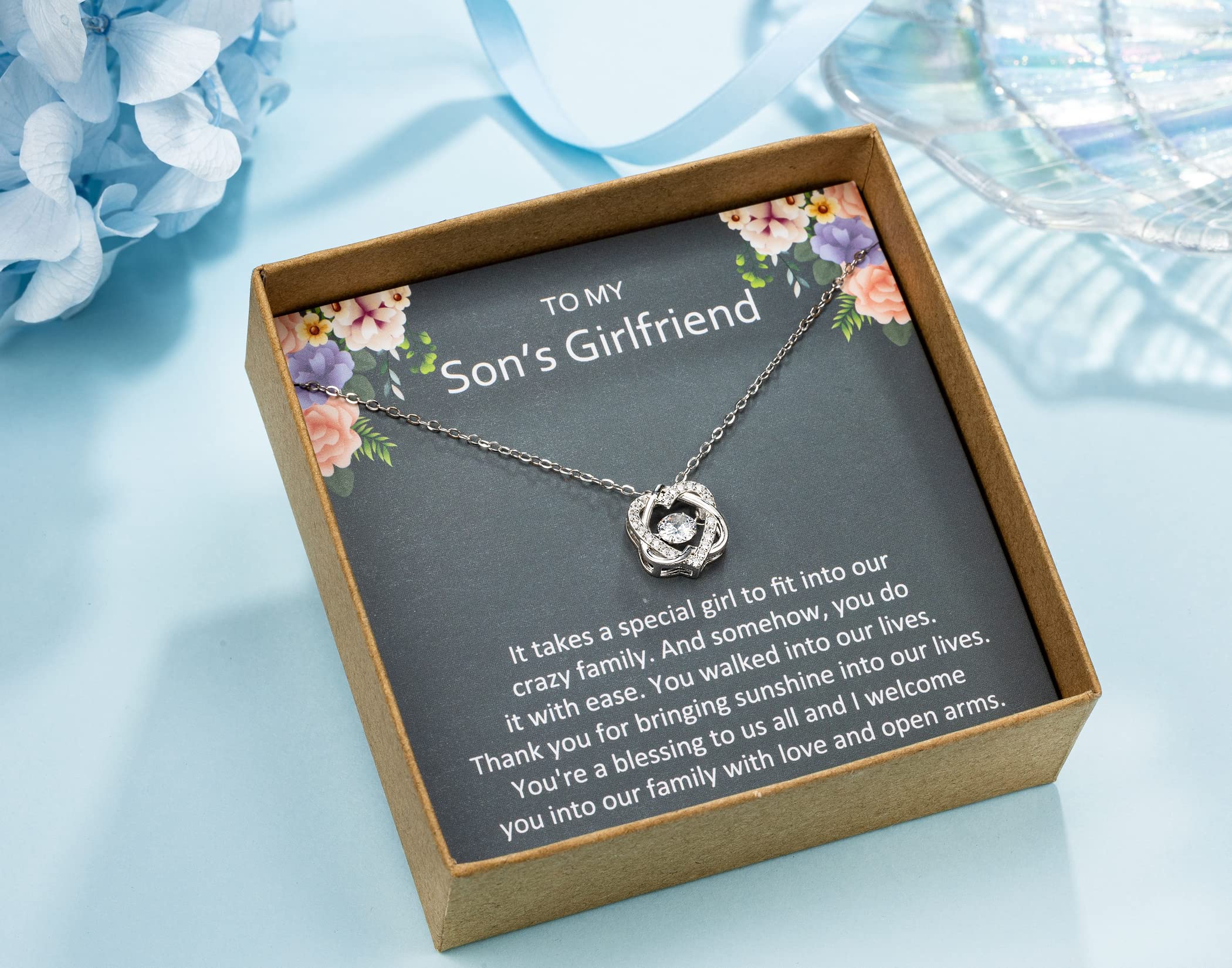 NOURISHLOV Sons Girlfriend Necklace from Mom, To my Son's Girlfriend Gifts, Sterling Silver Two Interlocking Infinity Double Heart Necklace, Valentine's Day Jewelry Birthday Gift