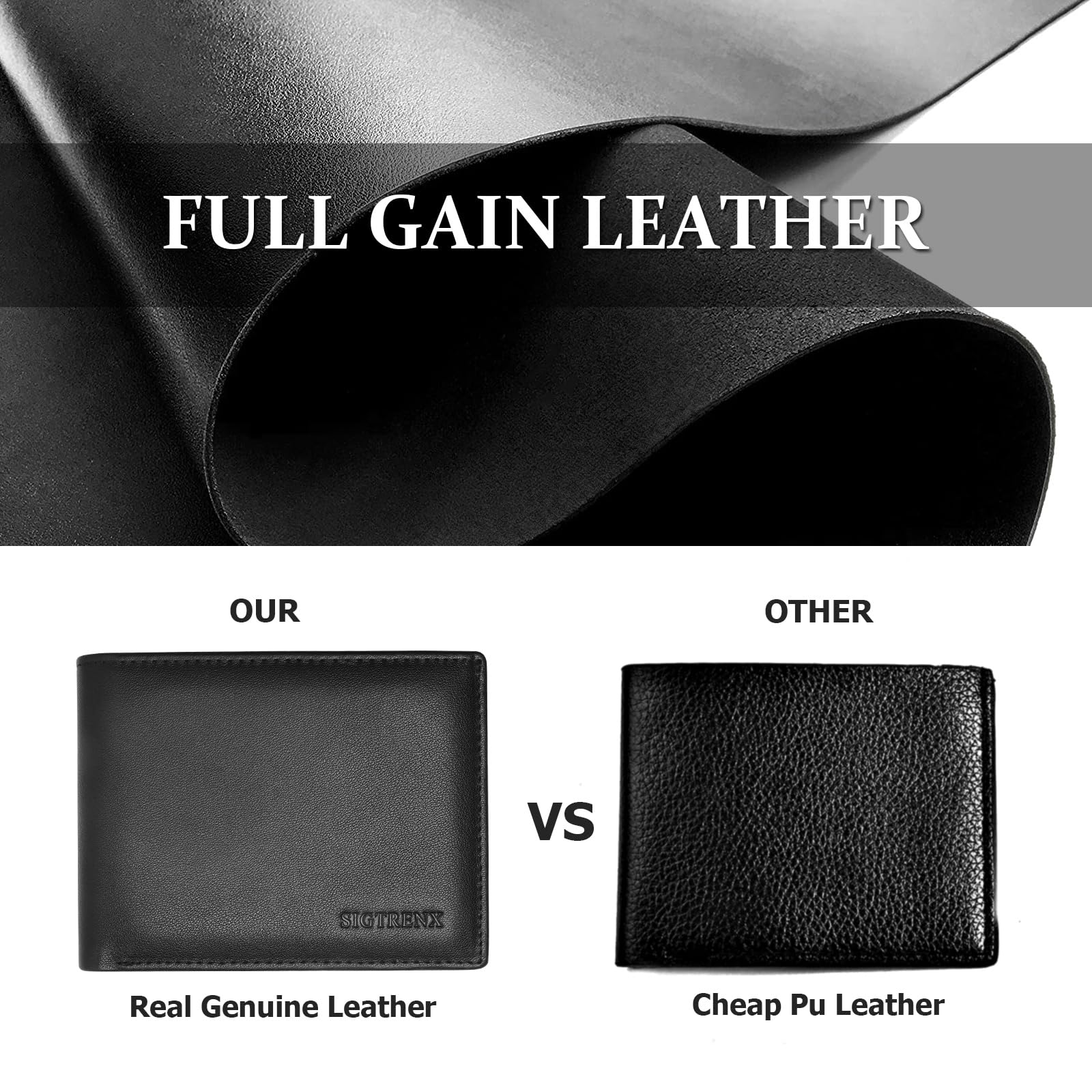 Sigtrenx Leather Wallets for Men, Genuine Leather Mens Wallets Bifold, Rfid Blocking Mens Wallet with 2 ID Windows (Black)