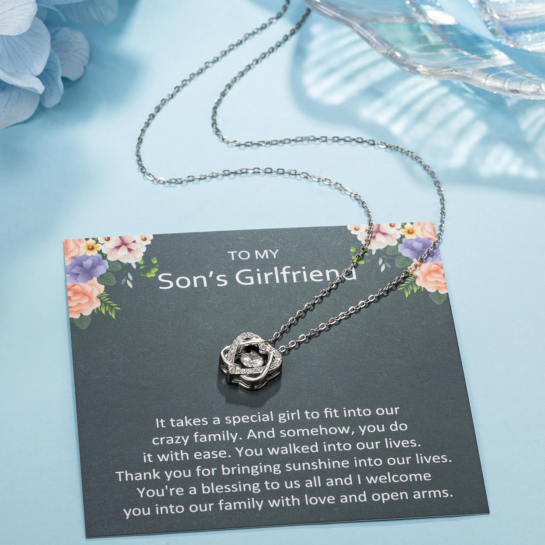 NOURISHLOV Sons Girlfriend Necklace from Mom, To my Son's Girlfriend Gifts, Sterling Silver Two Interlocking Infinity Double Heart Necklace, Valentine's Day Jewelry Birthday Gift