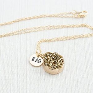 Sorority Shop KAT Necklace - Kappa Alpha Theta Metallic Gold Druzy Gemstone Necklace With Engraved Pendant – 14K Gold Dipped Jewelry with Gold Gemstone – Sorority Gift, Charm Paraphernalia