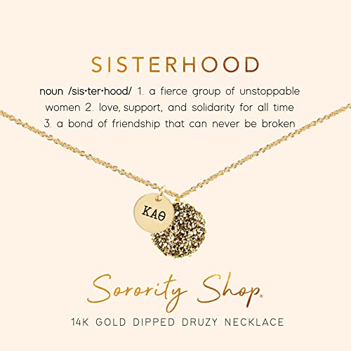 Sorority Shop KAT Necklace - Kappa Alpha Theta Metallic Gold Druzy Gemstone Necklace With Engraved Pendant – 14K Gold Dipped Jewelry with Gold Gemstone – Sorority Gift, Charm Paraphernalia