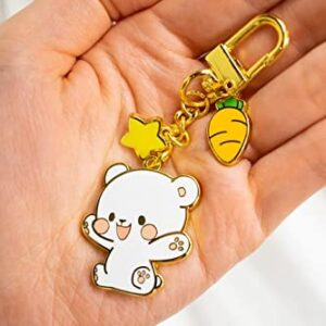 Milkmochabear Milk Enamel Keychain - Mini Clasp All Metal Gold Finish with Two Charms For Handbags Purses Bags Belts Backpacks Men Women Couple Matching