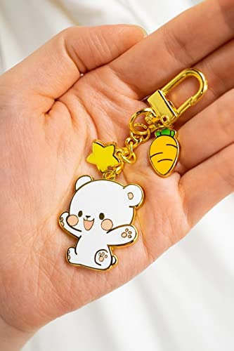 Milkmochabear Milk Enamel Keychain - Mini Clasp All Metal Gold Finish with Two Charms For Handbags Purses Bags Belts Backpacks Men Women Couple Matching