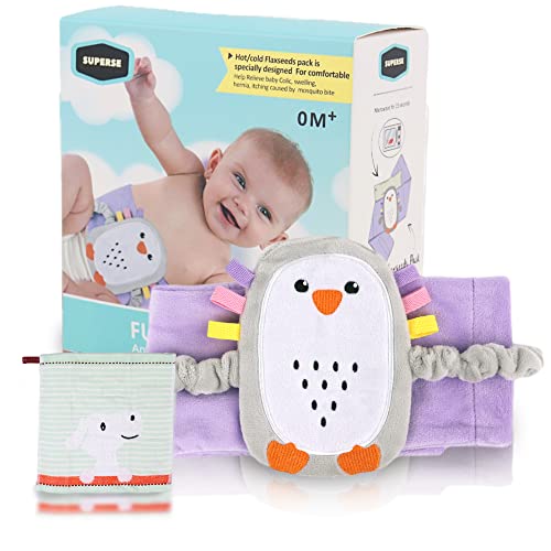 Superse Colic and Gas Relief for Newborns - Colic Calm Baby Heating Pad Belly Band for Upset Stomach and Baby Reflux - Warm Aroma Stomach Band for Fussy Infant Gas with Washcloth (Purple penguin)