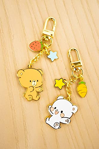 Milkmochabear Milk Enamel Keychain - Mini Clasp All Metal Gold Finish with Two Charms For Handbags Purses Bags Belts Backpacks Men Women Couple Matching