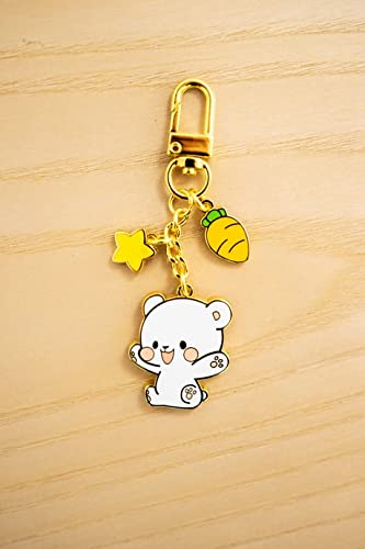 Milkmochabear Milk Enamel Keychain - Mini Clasp All Metal Gold Finish with Two Charms For Handbags Purses Bags Belts Backpacks Men Women Couple Matching