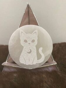 crystalsahoy ~3" etched selenite charging plate, a5068 cat design, charge your crystals jewelry and more