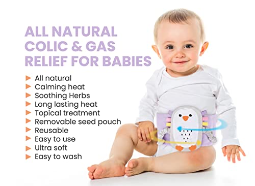 Superse Colic and Gas Relief for Newborns - Colic Calm Baby Heating Pad Belly Band for Upset Stomach and Baby Reflux - Warm Aroma Stomach Band for Fussy Infant Gas with Washcloth (Purple penguin)