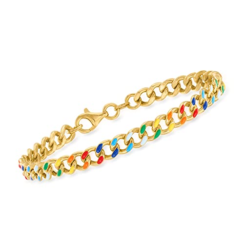 Ross-Simons Italian Multicolored Enamel Curb-Link Bracelet in 18kt Gold Over Sterling. 8 inches