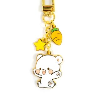 Milkmochabear Milk Enamel Keychain - Mini Clasp All Metal Gold Finish with Two Charms For Handbags Purses Bags Belts Backpacks Men Women Couple Matching