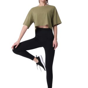 Cosy Pyro 4-Pack Women's Cotton Crop T-Shirts Short Sleeve Solid Cropped Athletic Top Round Neck Casual Workout Yoga Tees Black/Gray/White/Army M