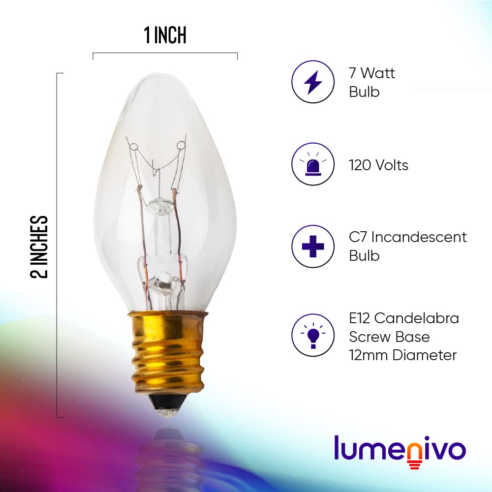 lumenivo 7 Watt Night Light Bulbs for Electric Window Candle Lamps, Salt Lamps, Christmas Villages, and Chandeliers E12 Candelabra Base C7 Light Bulbs - Clear – 120V - 4 Pack