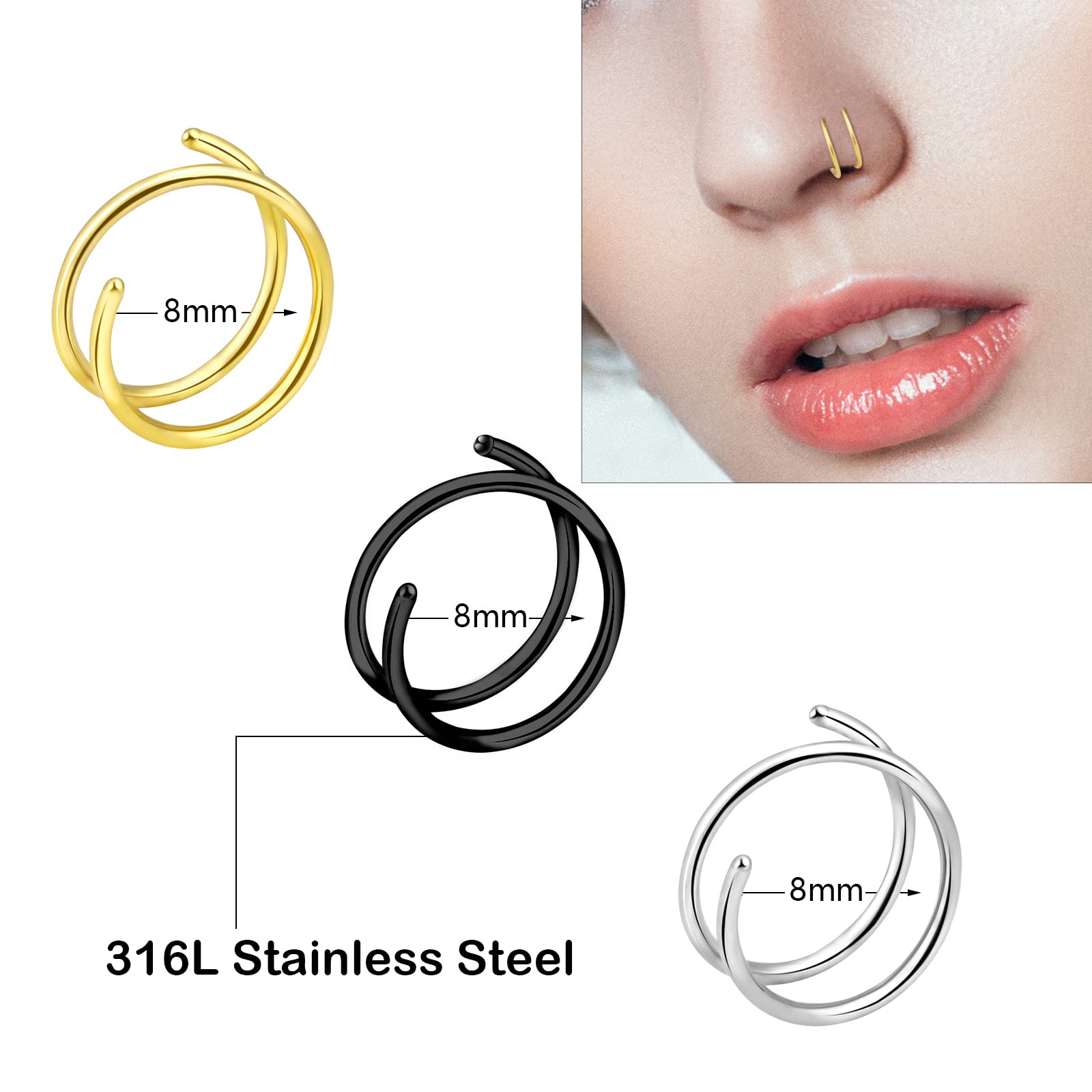 ONESING 5 Pcs 20G Double Hoop Nose Ring for Single Piercing Nose Rings Hoops Double Nose Rings for Women Nose Ring Hoop for Women Gold Nose Piercing Jewelry