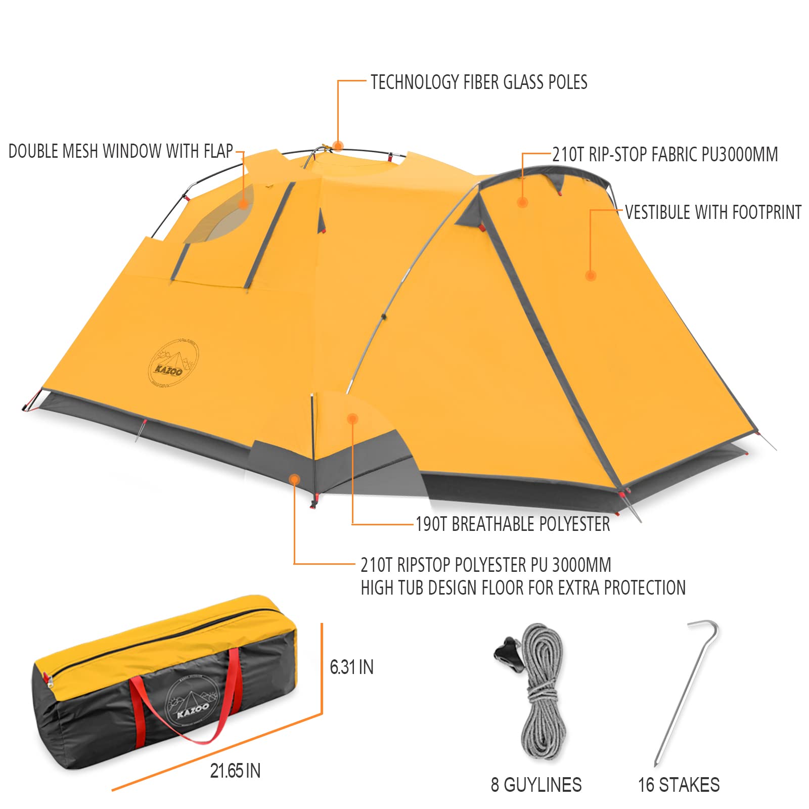 KAZOO 4 Person Camping Tent Outdoor Waterproof Family Large Tents 4 People Easy Setup Tent with Porch Double Layer